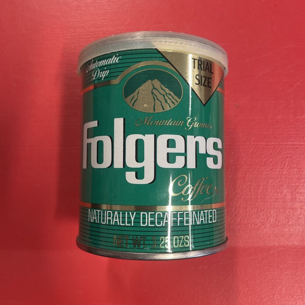 Vintage 1980’S Folger’s Coffee 5OZ Trial Size Metal Can With Lid Decaf Green